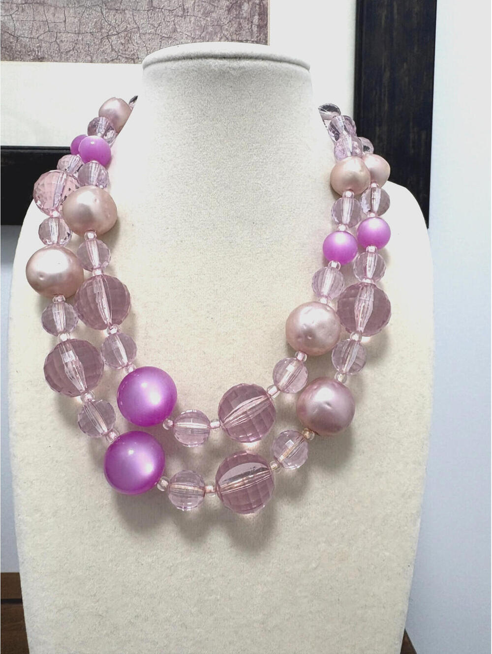 Vintage Purple Lilac Faux Faceted Bead Moonstone Pearl Lucite 2 Strand Necklace